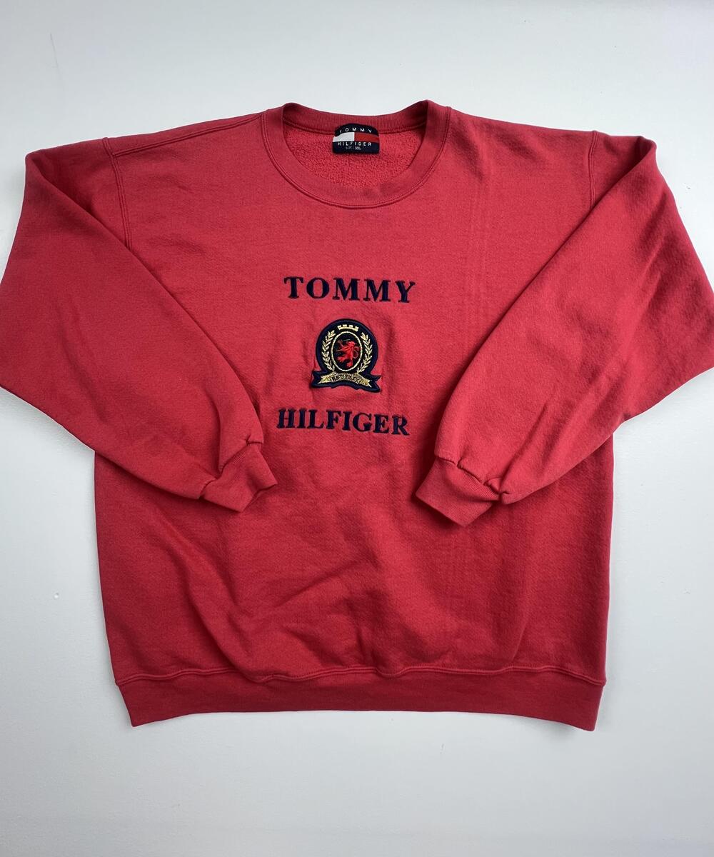 Vintage Tommy Hilfiger Sweatshirt Mens XL Red Logo Fleece Crewneck Embroidered